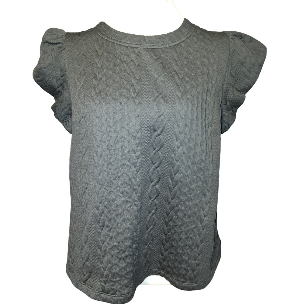 Voy Womens Black Quilted Cable Knit Puff Sleeve Top Crew Neck Blouse Size Small